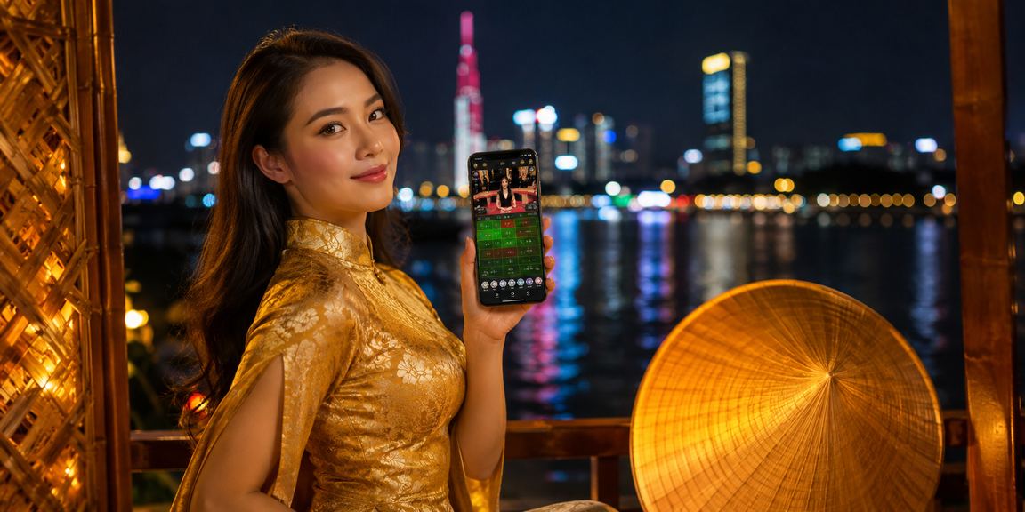 Người dùng Hồ Chí Minh chơi casino di động buổi tối trong trang phục áo dài